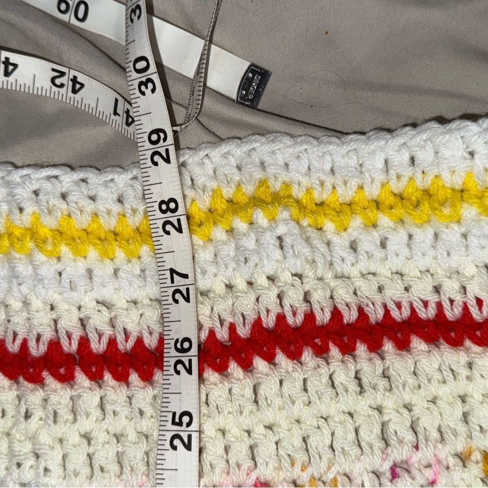 Vintage Handmade Crochet Granny Square Lap Throw Blanket Cream Red Yellow Blue - Picture 2 of 2